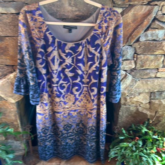 Purple, Blue & Gold Patterned Size 12 Dress; Mid Calf; Scoop Neck; 3/4 Sleeves - Picture 2 of 10
